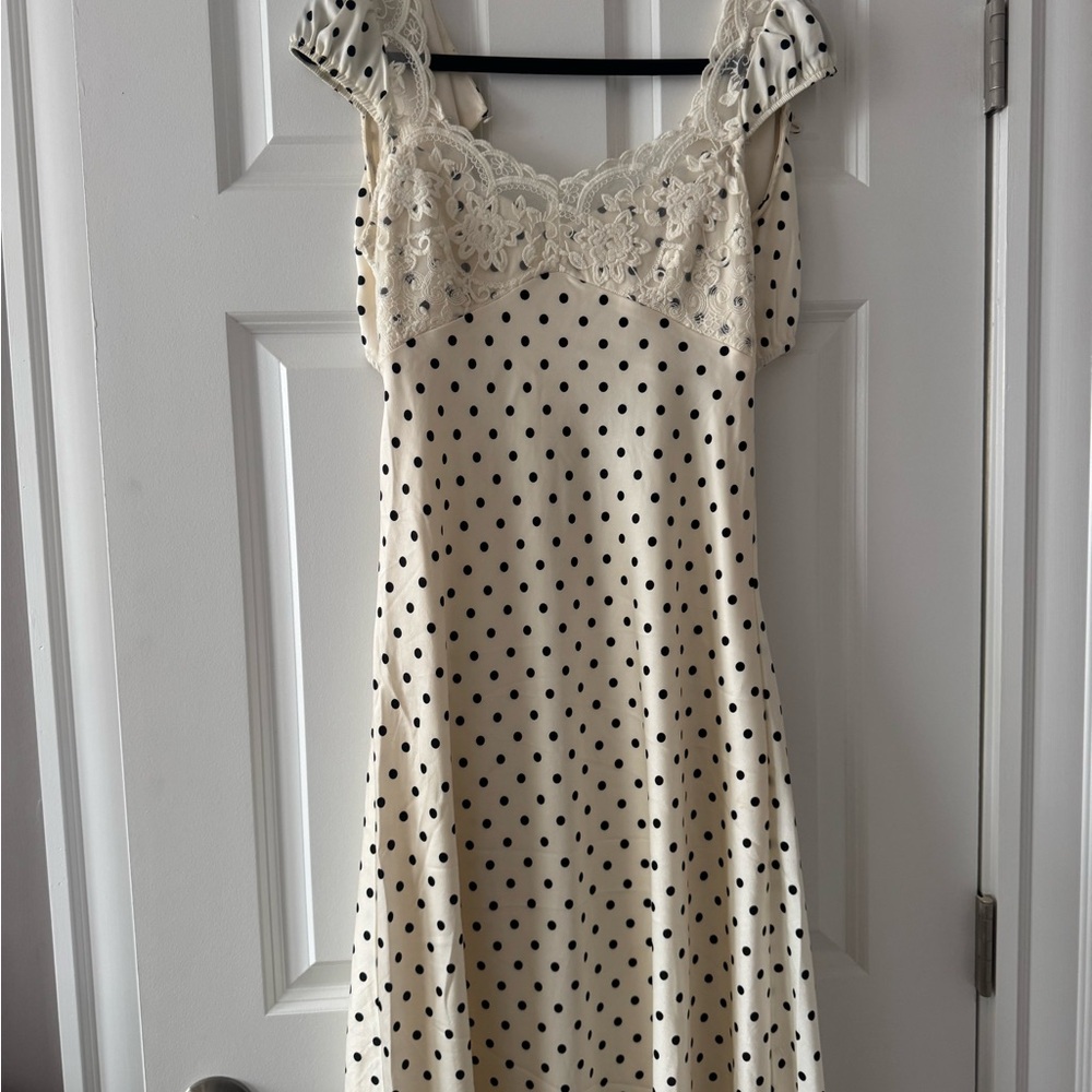 Cream Polka Dot Lace-Trim Slip Midi Dress